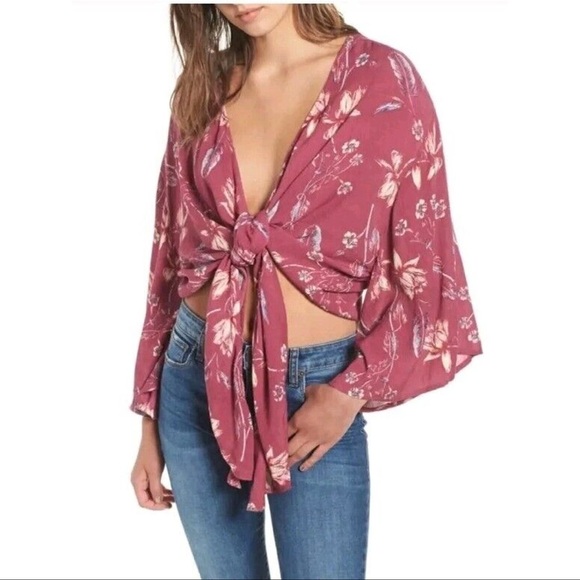 Billabong Tops - Billabong Women's Tie Front Long Bell Sleeve Boho Pink Floral Blouse.